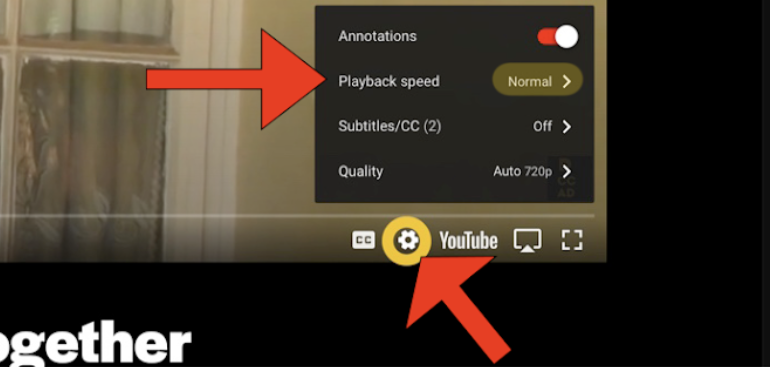 A big red arrow icon points to the gear icon on the bottom right corner of a YouTube player. Another big red arrow icon points to a text box right about the gear icon containing the following list in vertical order, "Annotations" which is turned on, "Playback speed [-] Normal", "Subtitles/CC(2) [-] Off", and "Quality [-] Auto 720p". A yellow circle icon highlights the word "Normal".