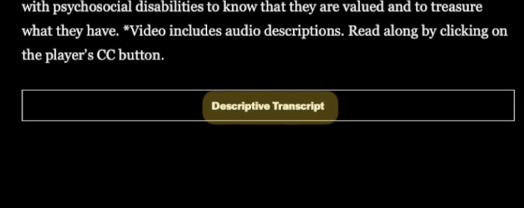 Below a paragraph description of a video project on its own page, there is a text box that says "Descriptive Transcript". "Descriptive Transcript" is highlighted in yellow.