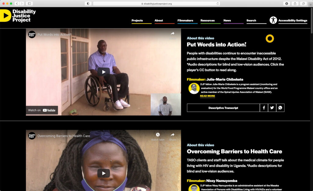 The Disability Justice Project website's "Projects" page featuring videos from fellows and contributors.