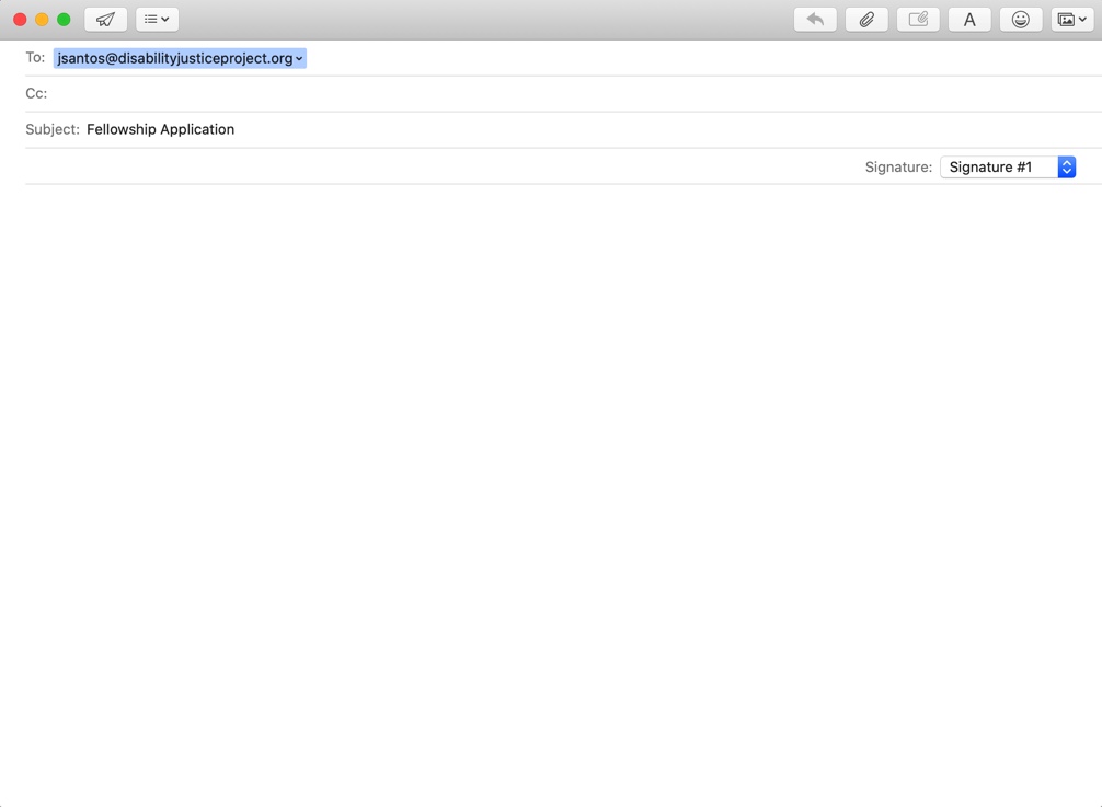 An email compose window that says "Fellowship Application" in the "Subject" field and "jsantos@disabilityjusticeproject" in the "To" field.