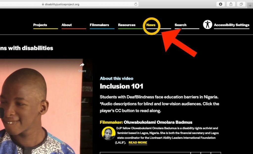 A big red arrow icon points to the "News" tab on the Disability Justice Project website home page. A white line is underneath the word "News."