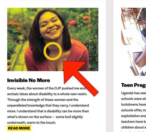 A big red arrow icon points to an image of a news story on the Disability Justice Project's "News" page. A yellow circle icon highlights the image as well. The image is activated in yellow and consists of a young biracial woman smiling into the camera. She is posing in front of a blurred background of flowers.