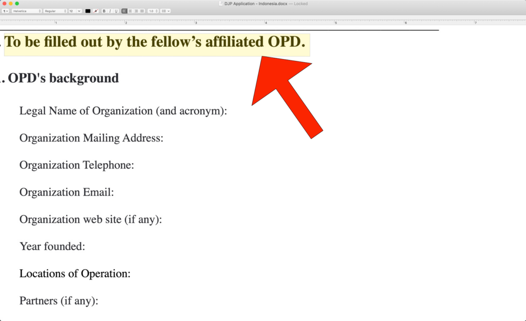 A big red arrow icon points to text highlighted in yellow that says, "To be filled out by the fellow's affiliated OPD," on a Disability Justice Project application.