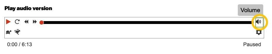 A yellow circle icon highlights the "Volume" button on the right side of an audio player. The "Volume" button is a speaker icon. A gray text bubble above the button says, "Volume." A green square outlines the "Volume" button.