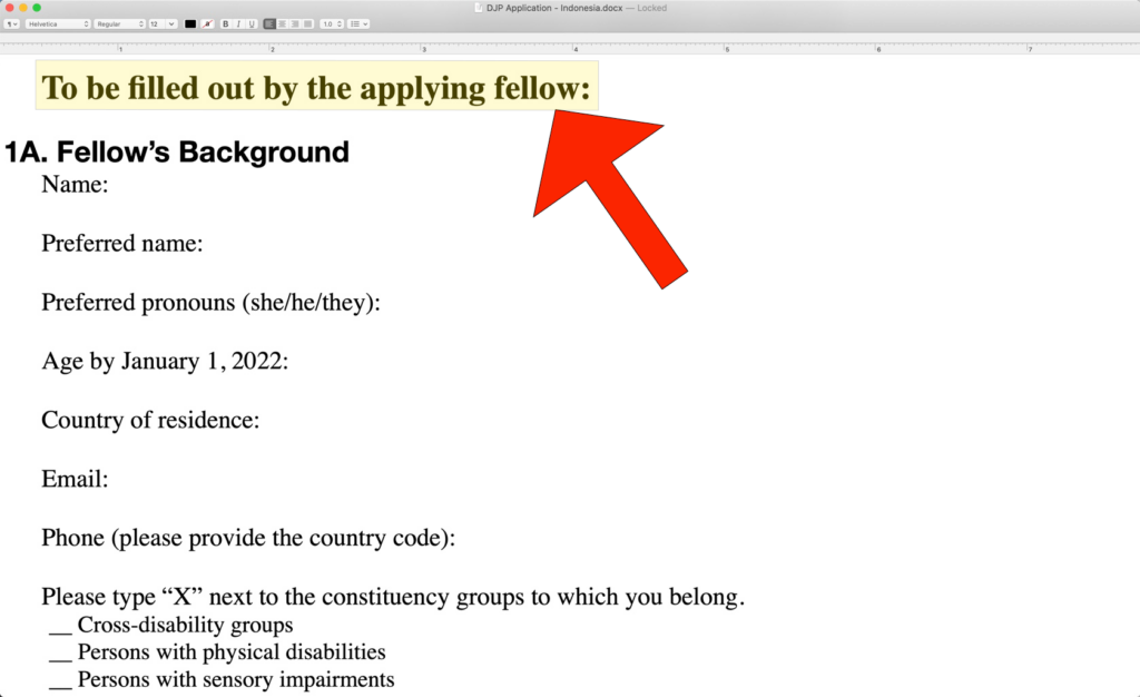A big red arrow icon points to text highlighted in yellow that says, "To be filled out by the applying fellow:" on a Disability Justice Project application.