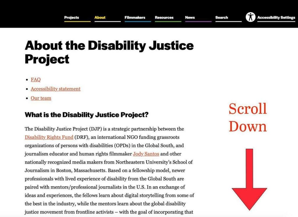 A big red arrow icon points downwards on the bottom right side of the Disability Justice Project's “About” page. Text saying, "Scroll Down" is located above the arrow icon.