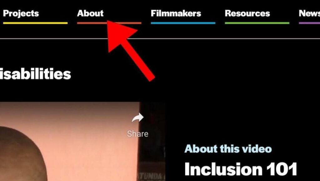 A big red arrow icon points to the "About" tab on the Disability Justice Project website home page. A red line is underneath the word "About."