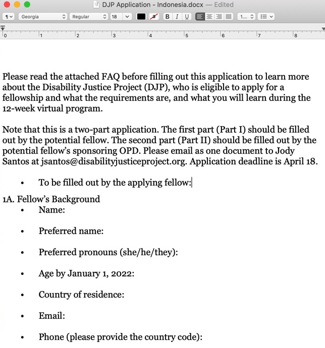 A word processor features a Disability Justice Project fellowship application.