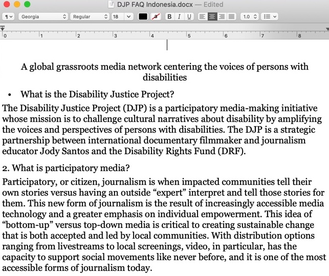 A word processor features a Disability Justice Project "Frequently Asked Questions" page.