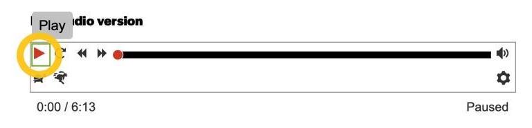 A yellow circle icon highlights the "Play" button in an audio player. The "Play" button is a red sideways triangle icon. A gray text bubble above the button says, Play." A green square outlines the "Play" button.