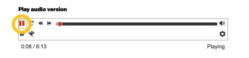 A yellow circle icon highlights the "Pause" button in an audio player. The "Pause" button is two red parallel lines icons. A yellow square outlines the "Pause" button.