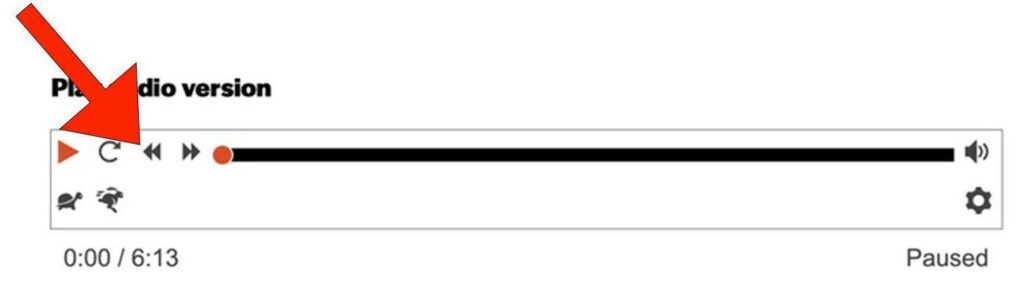 A big red arrow icon points to the "Rewind" button on the left side of an audio player. The "Rewind" button is two small double arrow icons pointing to the left. 