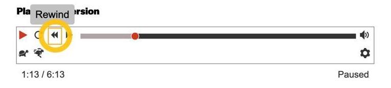 A yellow circle icon highlights the "Rewind" button in an audio player. The "Rewind" button is two small double arrow icons pointing to the left. A gray text bubble above the button says, "Rewind." A yellow square outlines the "Rewind" button.