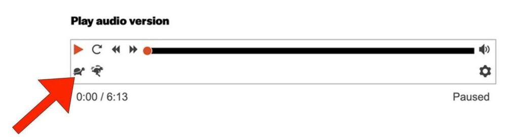 A big red arrow icon points to the "Slower" button on the bottom left side of an audio player. The "Slower" button is a black turtle icon. 