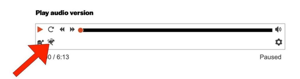 A big red arrow icon points to the "Faster" button on the bottom left side of an audio player. The "Faster" button is a black rabbit icon.