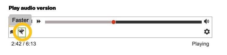 A yellow circle icon highlights the "Faster" button in an audio player. The "Faster" button is a black rabbit icon. A gray text bubble above the button says, "Faster." A green square outlines the "Faster" button.