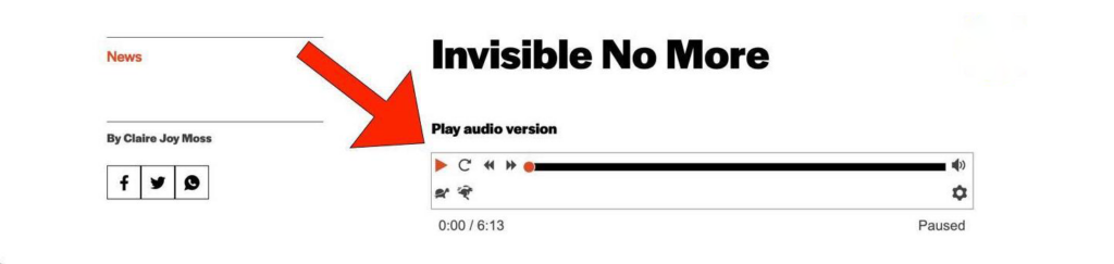 A big red arrow icon points to an audio player located under a news story's title. Above the audio player, text says "Play audio version." The audio player features icons for the following buttons: "Play," "Rewind," "Forward," "Volume," "Preferences," "Faster," and "Slower."