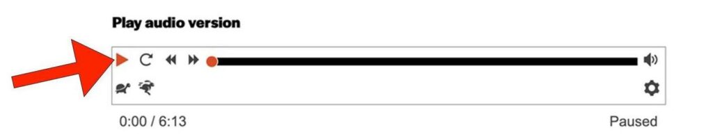 A big red arrow icon points to the "Play" button in an audio player. The "Play" button is a red sideways triangle icon. 