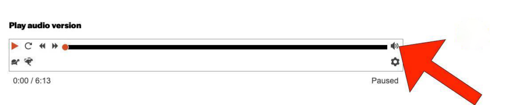 A big red arrow icon points to the "Volume" button on the right side of an audio player. The "Volume" button is a black speaker icon. 