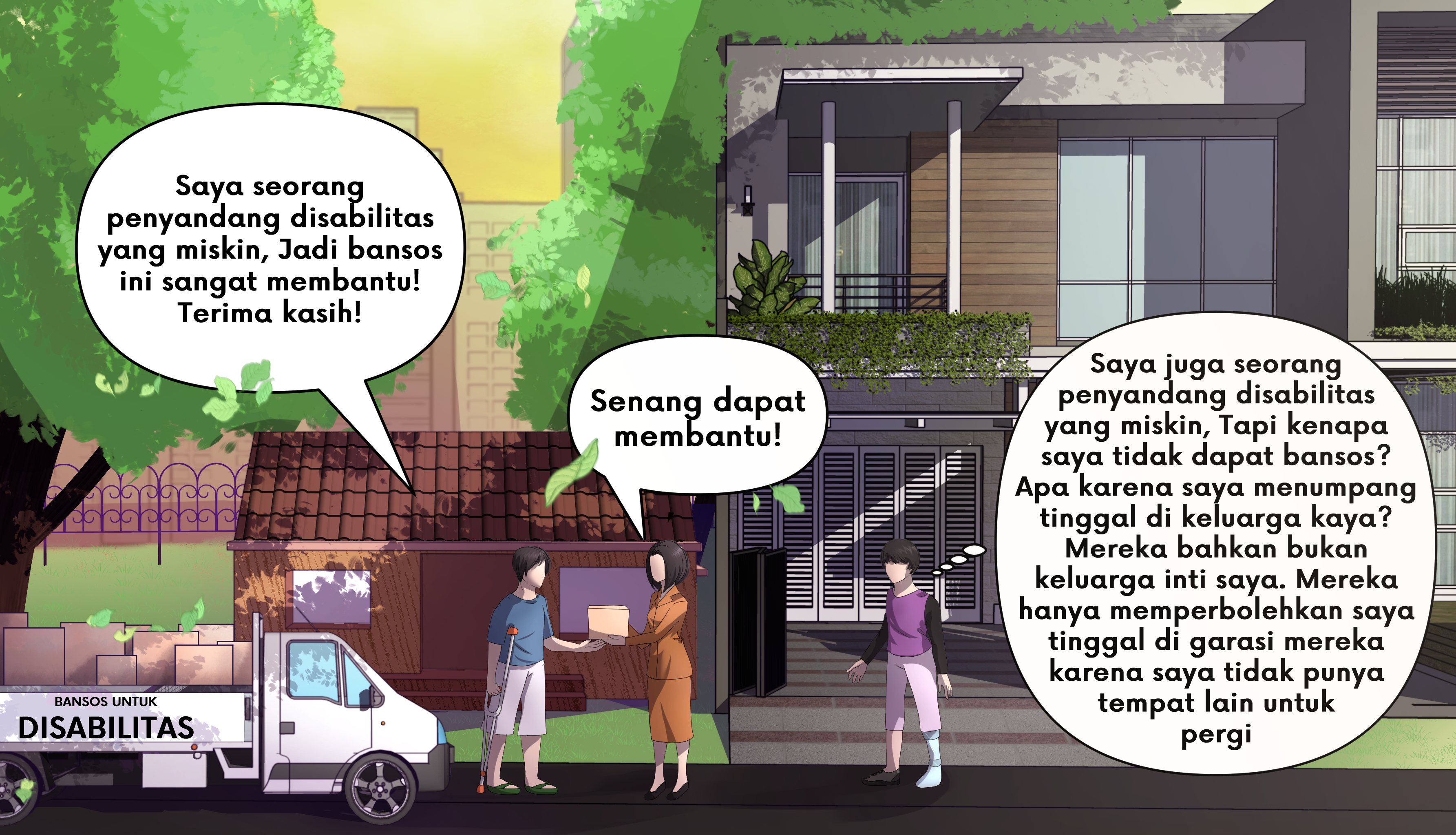 Ilustrasi pria Indonesia penyandang disabilitas yang mencari perlindungan sosial.