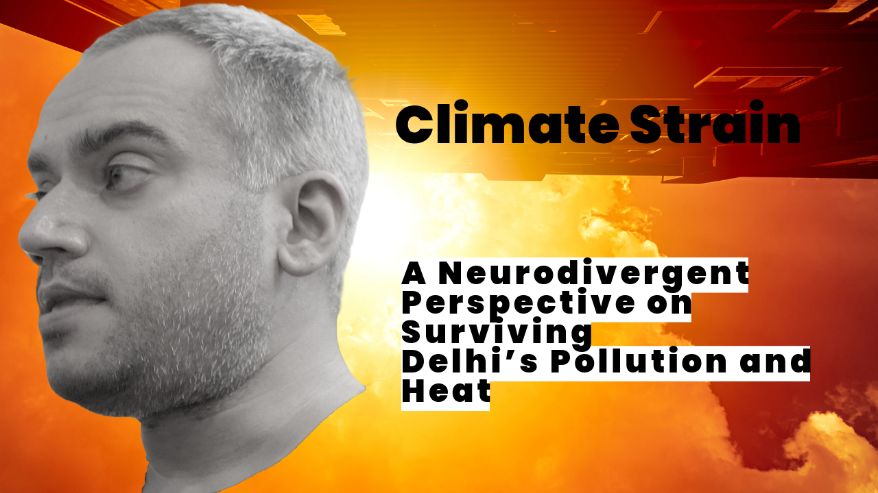 A black-and-white profile of Pranav Sethi, a 34-year-old Indian man, against a red sky, indicating heat.