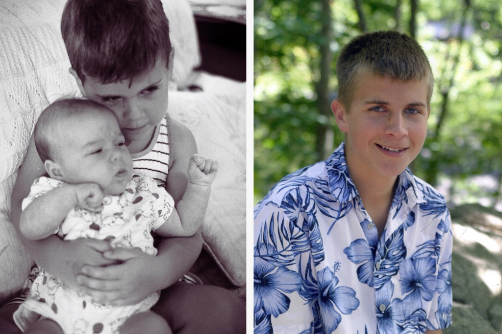 A split screen photo showing Marian and her brother in black and white on the left and her brother, a bit older and in color, on the right.