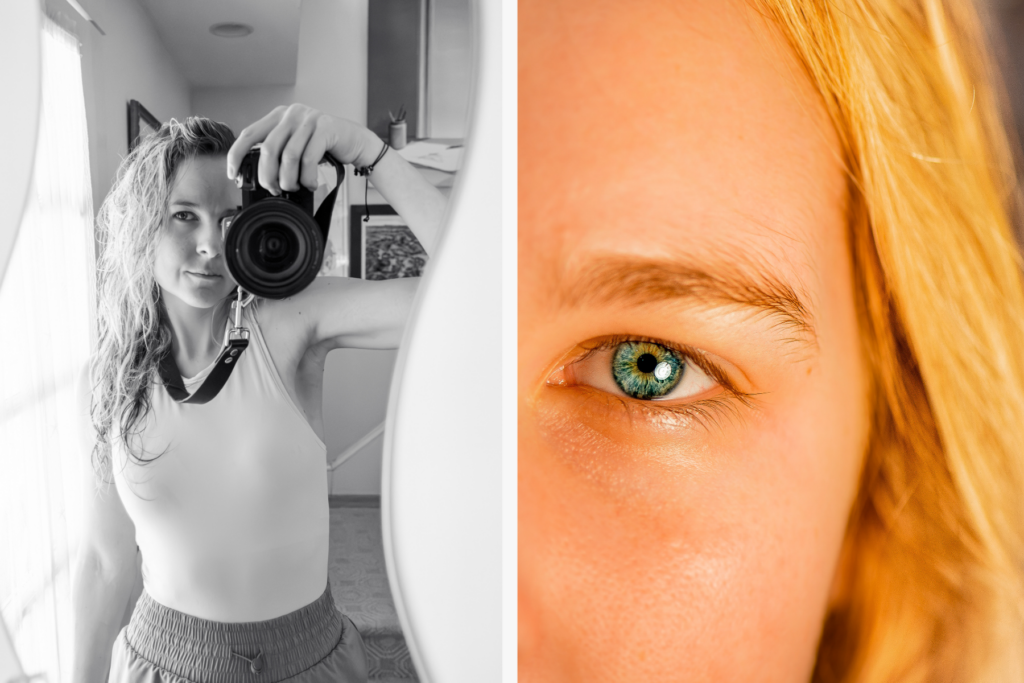 A split-screen image of Marian on the left, holding her camera to a mirror in black and white, and on the right, a close-up of her green-blue eye.