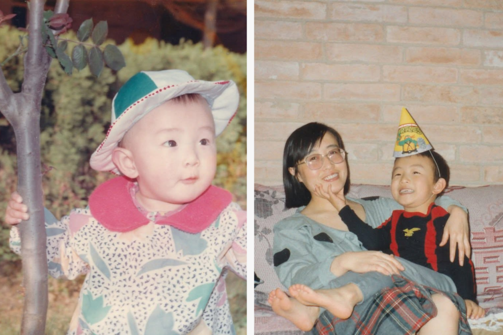 A split screen of Johnny as a young child. On the left, he's a baby smiling at the camera. On the right, he sits and smiles with his mother, wearing a birthday party hat.