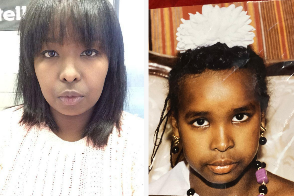 A split-screen image of Lotus. On the left, she is a young woman staring straight into the camera. On the right, she is a girl with a flower on her head and staring somberly into the camera.