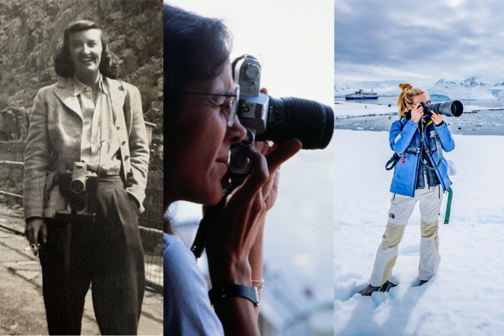 A three-screen image of Marian's grandmother, mother, and Marian holding cameras.