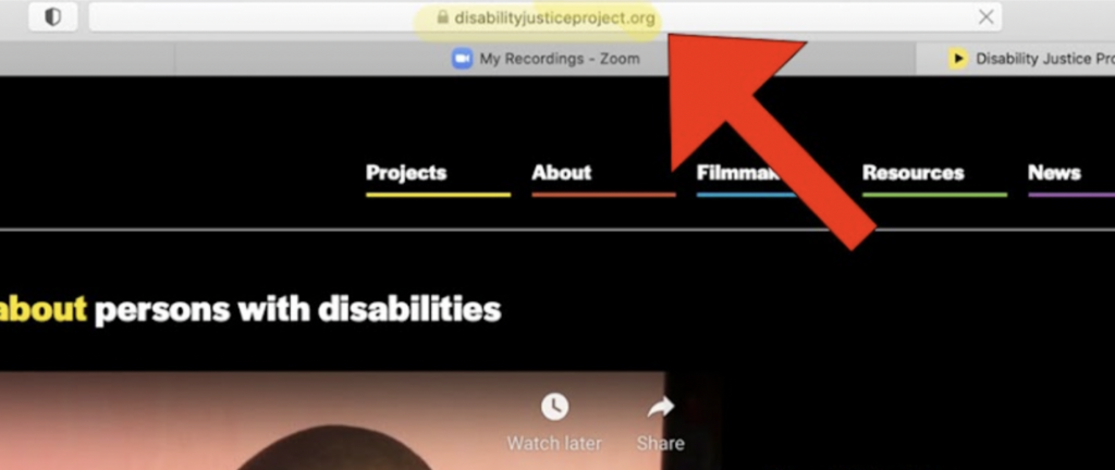 A internet browser features the Disability Justice Project home page. A big red arrow icon points to an address bar that says "disabilityjusticeproject.org". "Disabilityjusticeproject.org" is highlighted in yellow.