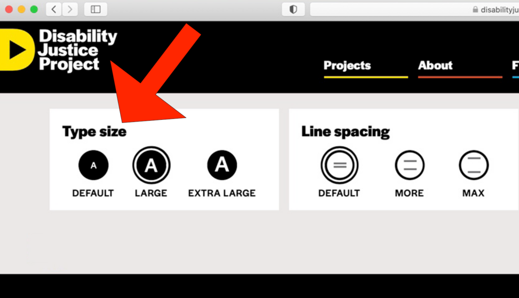 A big red arrow icon points to the "Type size" section of the "Accessibility Settings" tab. Under the "Type size" section are three additional options: "DEFAULT," "LARGE," and "EXTRA LARGE."