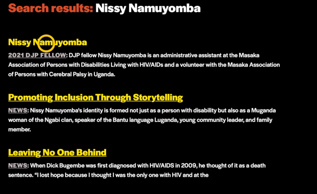 A yellow circle icon highlights a DJP filmmaker's name, "Nissy Namuyomba" in yellow. Above the title, text says, "Search results: Nissy Namuyomba." "Search results:" is in red and "Put words into action" is in white. Below the title are two other results, "Promoting Inclusion Through Storytelling" and "Leaving No One Behind." 