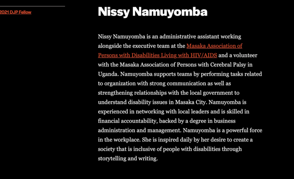 A Disability Justice Project website page for filmmaker Nissy Namuyomba.