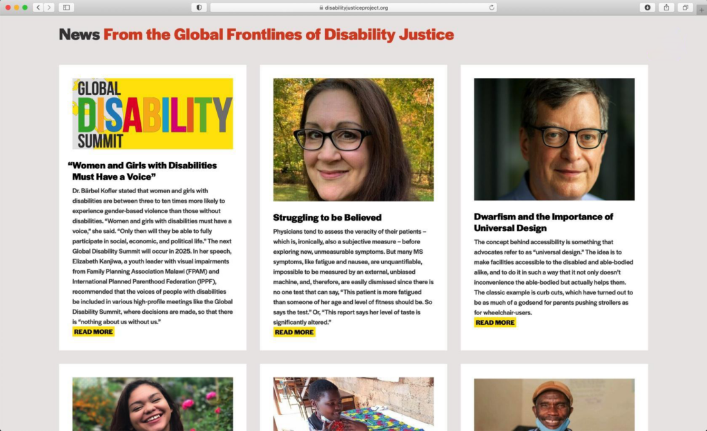 The Disability Justice Project website's "News" page featuring articles from fellows, staff, and contributors.