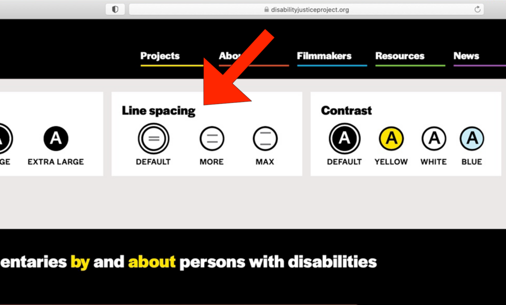 A big red arrow icon points to the "Line spacing" section of the "Accessibility Settings" tab. Under the "Line spacing" section are three additional options: "DEFAULT," "MORE," and "MAX."