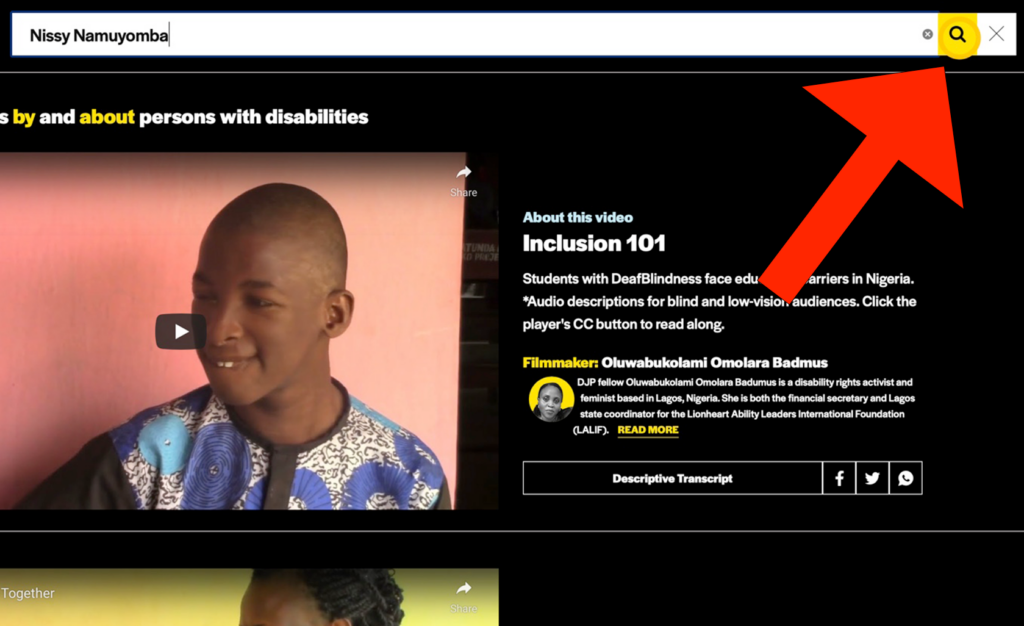 A big red arrow icon points to the "Search" button, a black magnifying glass icon in a yellow square, on the right side of the search box. The search box is at the top of the Disability Justice Project website home page. A yellow circle icon highlights the black magnifying glass icon, too.