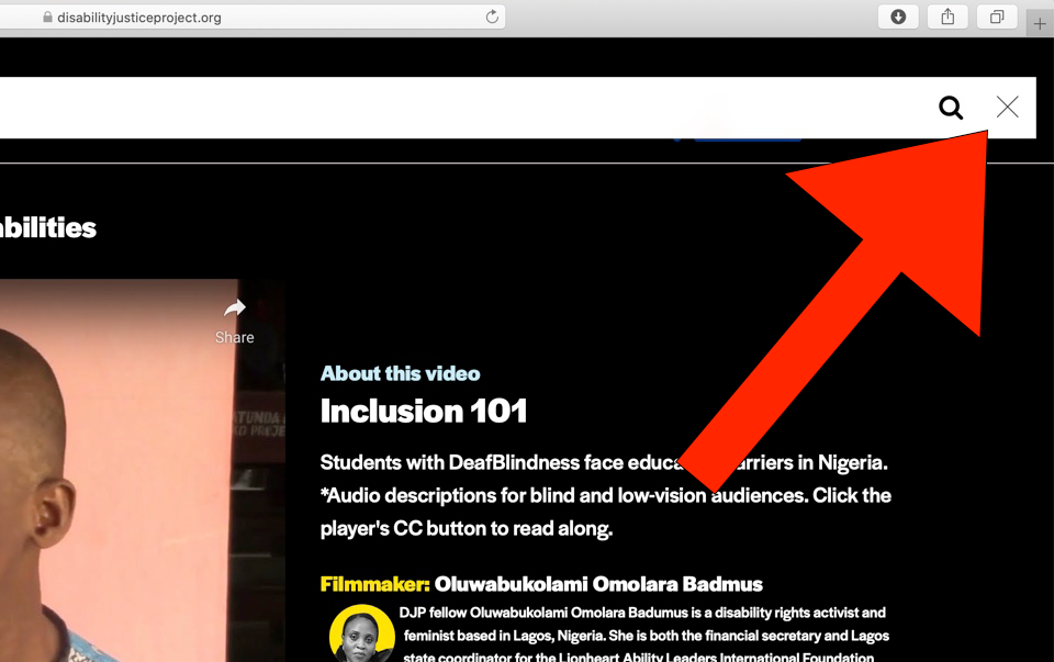 A big red arrow icon points to the black "X" sign to the right of the black magnifying glass icon and at the top of the Disability Justice Project website home page.