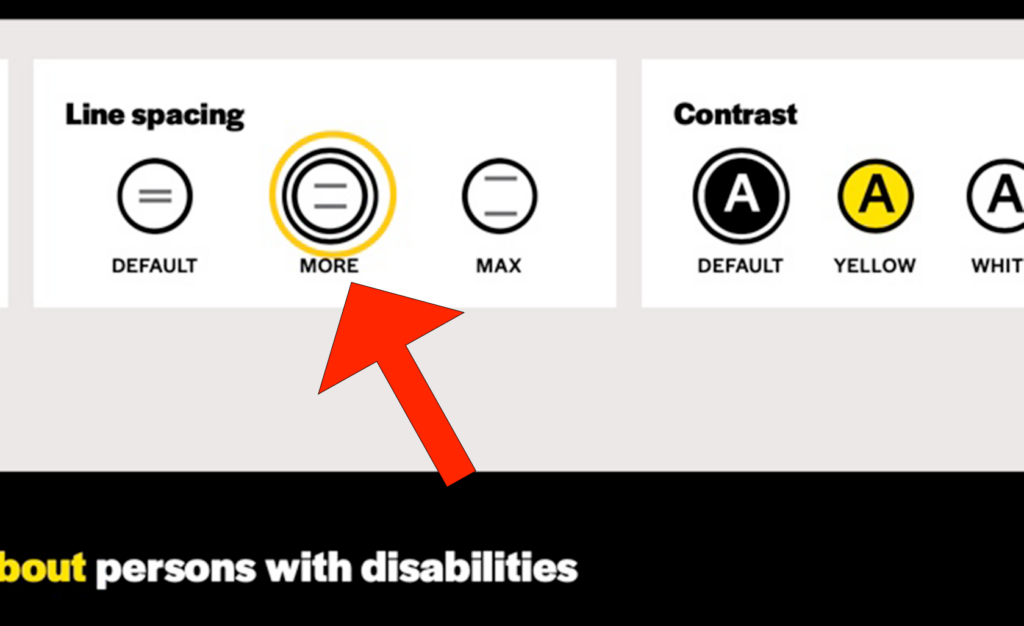 A big red arrow icon points to the "MORE" option under the "Line spacing" section of the "Accessibility Settings" tab. A black circle icon with two gray horizontal lines in the center is above the "MORE" option. The lines in the black circle icon have some space between them, spaced farther apart than those in the "DEFAULT" option. A second black circle outlines the icon.