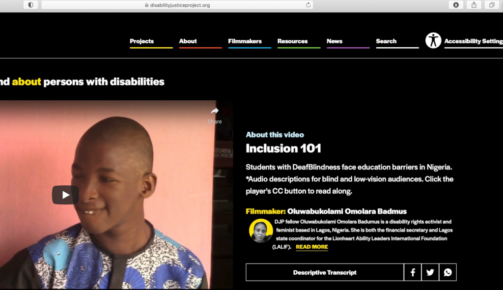 The Disability Justice Project website home page.
