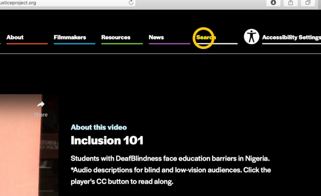 A yellow circle icon highlights the "Search" tab on the Disability Justice Project website home page. "Search" is in yellow and has a white line underneath.