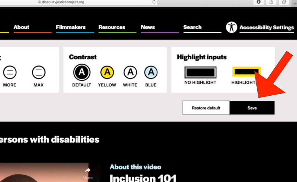 A big red arrow icon points to the "Save" button on the bottom-right of the "Accessibility Settings" tab. The "Save" button is a black rectangle icon with white text in the center that says, "Save."