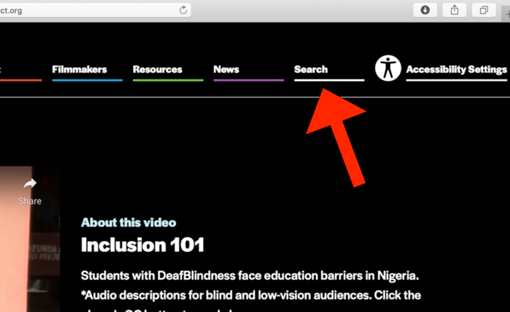 A big red arrow icon points to the "Search" tab on the Disability Justice Project website home page. A white line is underneath the word "Search." "Search" is in white.