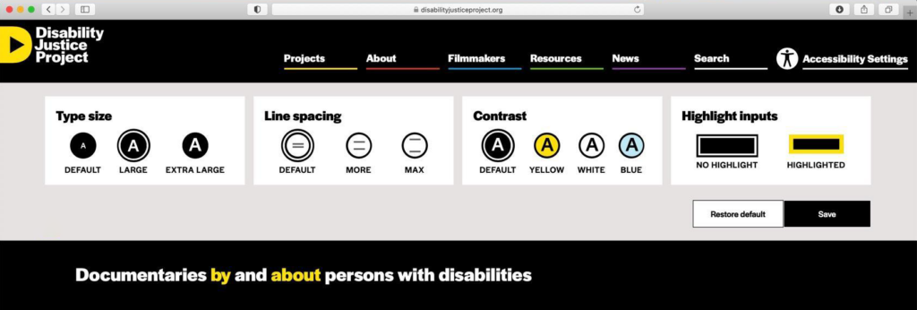 The "Accessibility Settings" tab featuring the following settings: "Type size," "Line spacing," "Contrast," and "Highlight inputs."