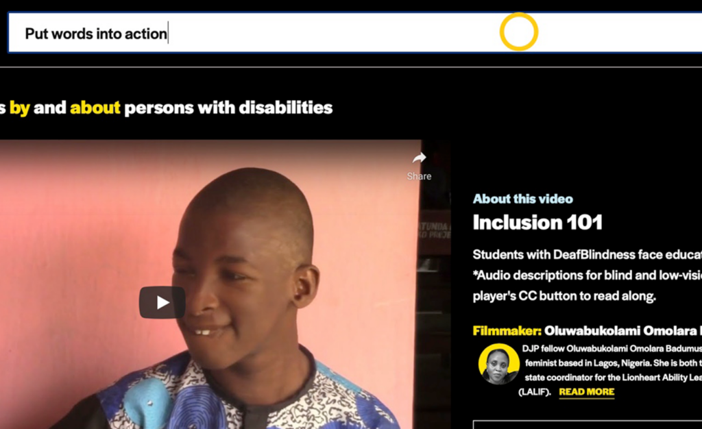 A yellow circle icon highlights the search box at the top of the Disability Justice Project website home page. Text in the search box says, "Put words into action," in black.