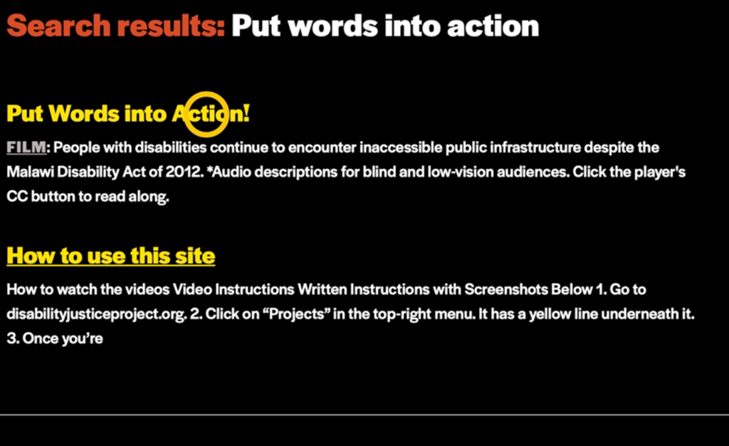 A yellow circle icon highlights the title of a film, "Put Words into Action!," also in yellow. Above the title, text says, "Search results: Put words into action." "Search results:" is in red and "Put words into action" is in white. Below the title is another search result, "How to use this site." 