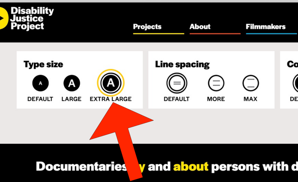 A big red arrow icon points the "EXTRA LARGE" option under the "Type size" section of the "Accessibility Settings" tab. A yellow circle icon highlights the "EXTRA LARGE" option, too. A black circle icon with an extra large white letter "A" in it is above the "EXTRA LARGE" option. A second black circle outlines the icon.