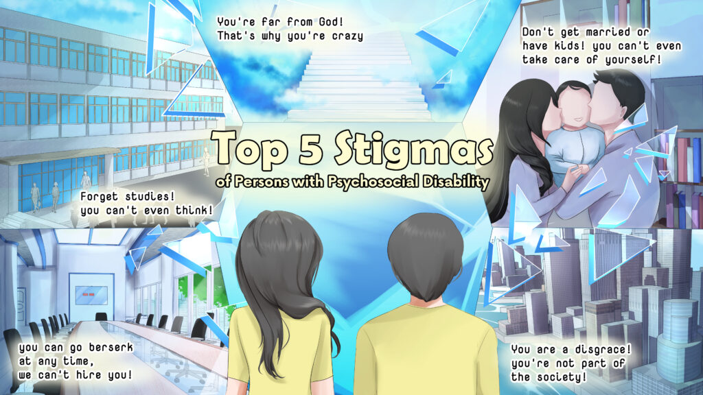 An illustration by Kinanty Andini of the top 5 stigmas experienced by persons with psychosocial disability. 