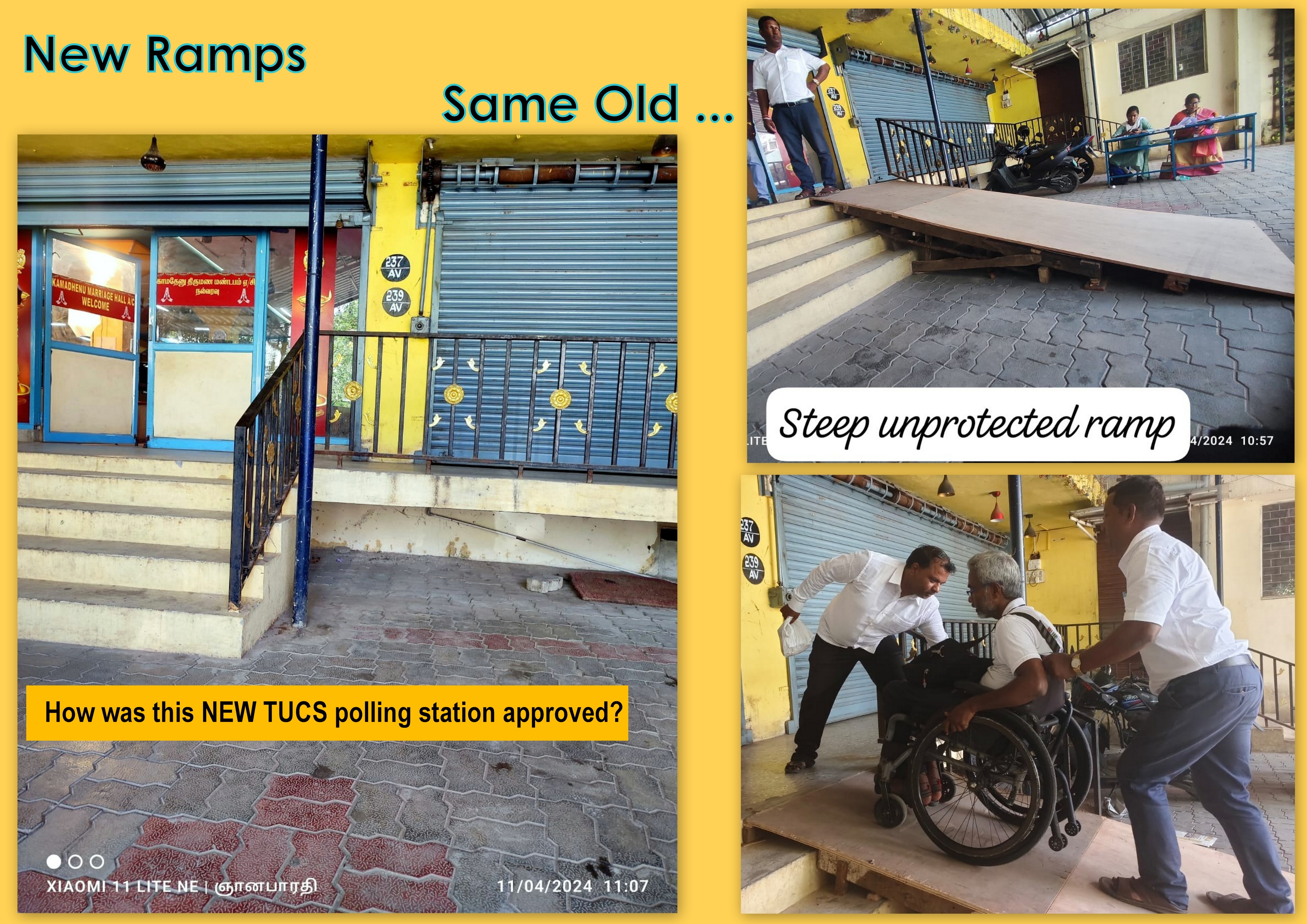 A collage of photos showing inaccessible polling stations.