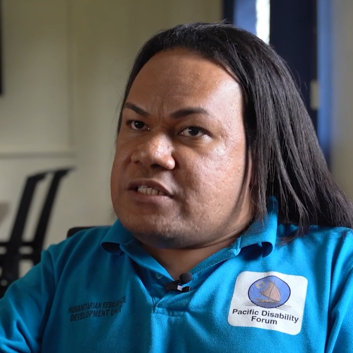 Jay Nasilasila from Fiji Disabled Peoples Federation speaks to camera.